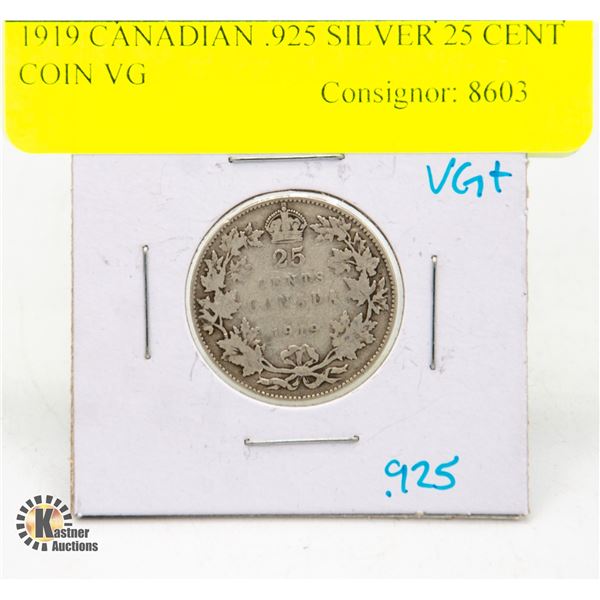 1919 CANADIAN .925 SILVER 25 CENT COIN