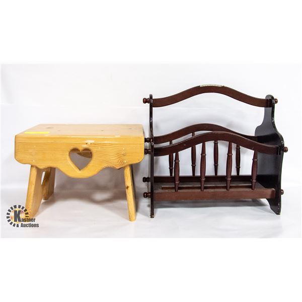WOODEN MAGAZINE RACK & STOOL