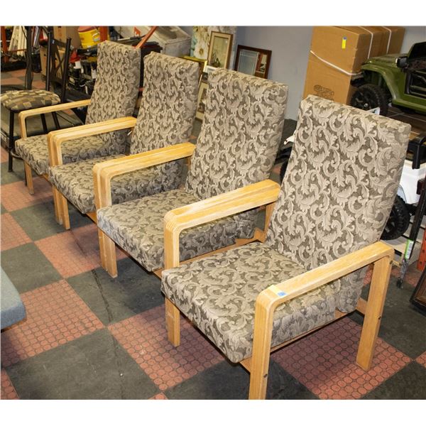 FOUR MATCHING WOOD FRAMED UPHOLSTERED ARM CHAIRS