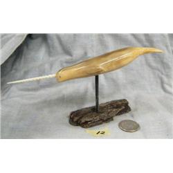 Fossilized ivory narwhal with white ivory horn by Roger Silook- 7" long