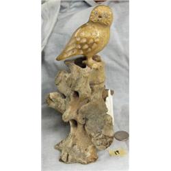 Whale bone owl mounted on bone with carved white ivory swan by Aningayou- approx. 8-1/4" tall