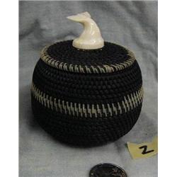 Baleen basket with whale tale finial- approx. 3-1/2" tall and 3-1/4" diameter