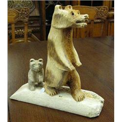 Whale bone standing bear and cub on whale bone base- 10-1/2" long, 10-1/2" tall