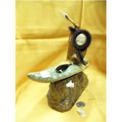 Soapstone kayaker mounted on soapstone by M. Scott- approx. 14-1/4" long; 9-1/2" tall