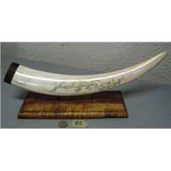 Beautifully scrimshawed tusk 18-1/2" long- caribou fighting 2 wolves by Noel Smith