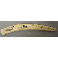Outstanding 18" beautiful old ivory cribbage board scrimshawed by Charlie Kokuluk with Canadian gees