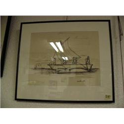 Original pen and ink drawing by Robert Mayokok- framed- 11" x 14"- successful whale hunt scene (2)