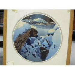 Original Byron Birdsall done in 1977, double-matted and framed, 20" diameter- titled "Ice Age" (120)