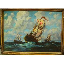 Original Eustace Ziegler Oil on plywood - Pictures the Nina, Pinta and Santa Maria at sea. 25"x36.5"