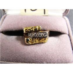 Men's 14k yellow gold, gold nugget and diamond ring. 4 approx. .05 ct. diamonds set in row, surround