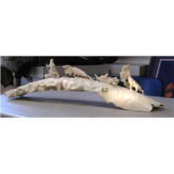 24" long Mastodon Ivory scene carved by ORJ -inscribed on tusk Det er mridnakoolim -sonn har skyllen