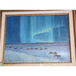 Scott McDaniel original - Caribou with Northern Lights in Background - 10 3/8"x13 3/8" (3)