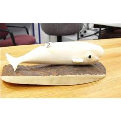 7" Humpback whale ivory carving by Dwight Milligrock Sr. Nome, AK mounted on moose horn (74)