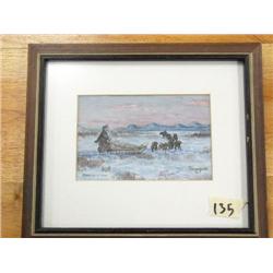 Original oil on moose skin by George Ahgupuk image size 3.5"x6" man with sled and dog team (3)