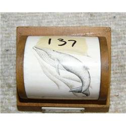 Scrimshawed Ivory Fin Whale 2.5" mounted in wood (3)