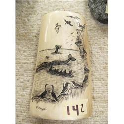 5-1/2" x 4" mammoth ivory scrimwshawed by Peter Mayac- as Eskimo whaling scene with 6 men spearing a