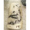 Image 1 : 5-1/2" x 4" mammoth ivory scrimwshawed by Peter Mayac- as Eskimo whaling scene with 6 men spearing a