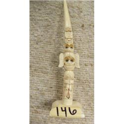 7" ivory totem pole ca. 1940- very unusual super quality- depicts men, fish, birds, etc. (3)