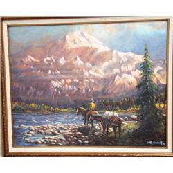 Original on canvas by Scott Sherritt '93 - Mt. McKinley and river views with man on horseback and pa