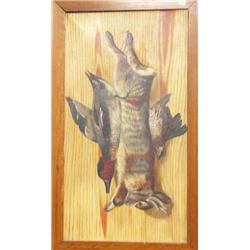 Original on canvas - rabbit, duck and pheasant hanging - canvas size 13.75"x25.75" (74)