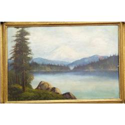 Original of Mt. St. Helens, trees and water views ca. 1910 - 26.5"x19.5" in an art nouveau frame (74