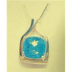 Blue topaz and 14k yellow gold pendant approx. 3 carats, topaz cushion shaped, faceted, transparent,