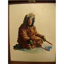 Lot of 2 original oils by Henne 10" x 8": Woman ice fishing- original oil by Henne, framed and signe