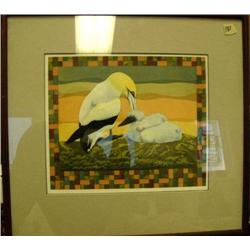 Original watercolor by Lynn S. Birdsall done in 1986 of mother and baby bird called "Teawanga Pair" 