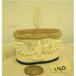 Ivory box/conatainer with baleen base and bone lid with carved ivory feather finial by Craig Niksik