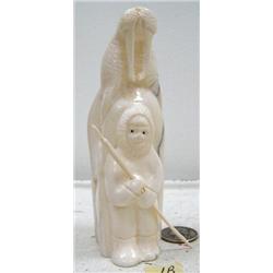 5" white walrus ivory carving of walrus and hunter by Iglaak (114)
