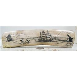 10" scrimshawed mammoth ivory with 2 sailing ships and 3 killer whales by Homer Cole (114)