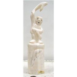 11" white walrus ivory carving of whale man dancer with 4 whales and 2 men's faces and a man (114)