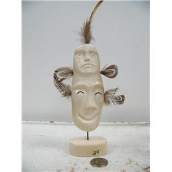 6-1/2" mammoth ivory carved with 2 men's faces mask by Iglaak from Koyuk (114)