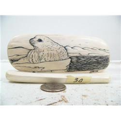 4-1/2" scrimshawed mammoth ivory bark with seal by Homer Cole (114)
