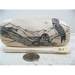 4-3/4" scrimshawed ivory bark by Homer Cole of 2 owls (114)