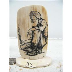 3-3/4" mammoth ivory scrimshawed man with fireweed in his hand (114)