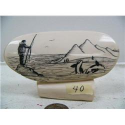 4-3/4" scrimshawed mammoth ivory of hunter and 2 killer whales by Homer Cole (114)