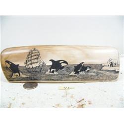 8-1/2" scrimshawed ivory mammoth by Homer Cole of 4 killer whales, 2 polar bears and sailing ship (1