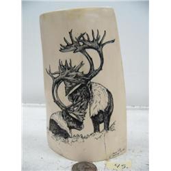6" x 4-1/2" scrimshawed mammoth ivory of 2 fabulous bull caribou by Homer Cole (114)