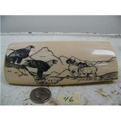 5-1/2" scrimshawed mammoth ivory of 2 eagles and 2 dall sheep by Homer Cole (114)