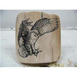 3-1/2" x 4" scrimshawed mammoth ivory of flying owl coming in for a landing by Homer Cole (114)