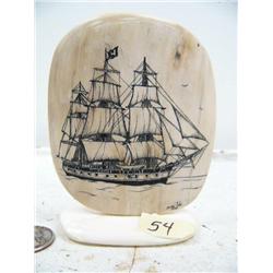 4" mammoth ivory scrimshawed sailing ship with 3 mast done by Homer Cole- nicest scrimshawed ship Du