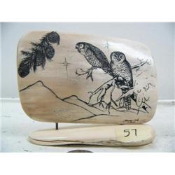 4-1/2" x 3-3/4" scrimshawed mammoth ivory of 2 owls in a tree by Homer Cole (114)