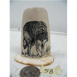 3" scrimshawed mammoth ivory wolf mounted on fossilized walrus ivory by Homer Cole (114)