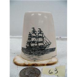 3" mammoth ivory scrimshawed with triple masted sailing ship mounted on fossilized walrus ivory by H