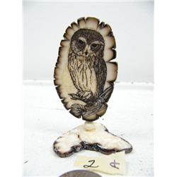 CHOICE on 4 three inch scrimshawed fossilized ivory by Homer Cole: owl (114)