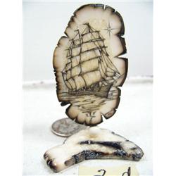 CHOICE on 4 three inch scrimshawed fossilized ivory by Homer Cole: triple masted sailing vessel (114