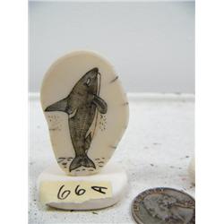 CHOICE on 6 scrimshawed white ivory 2" by Mike Saclamana: whale (114)
