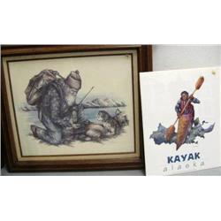 Framed Doug Lindstrand print 494 of 950 gold panner with dog size 19-1/2x24; KAYAK done by Richard S