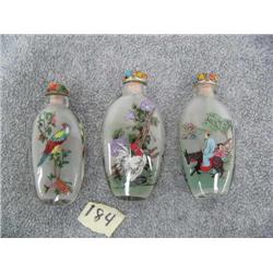 3 Glass Snuff Bottles painted from inside, 1 has a bird, 1 has 2 men on a horse and 1 has a chicken 